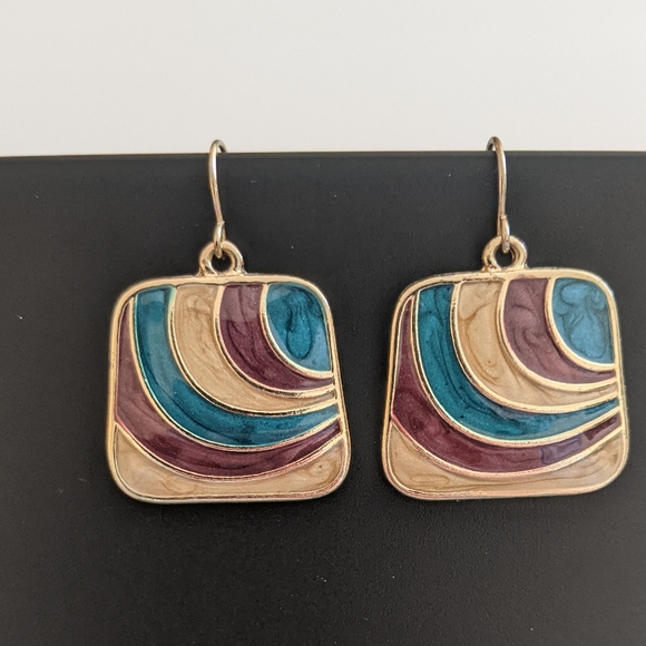 Square Multicolor and Gold-Tone Dangle Earrings - Picture 2 of 6